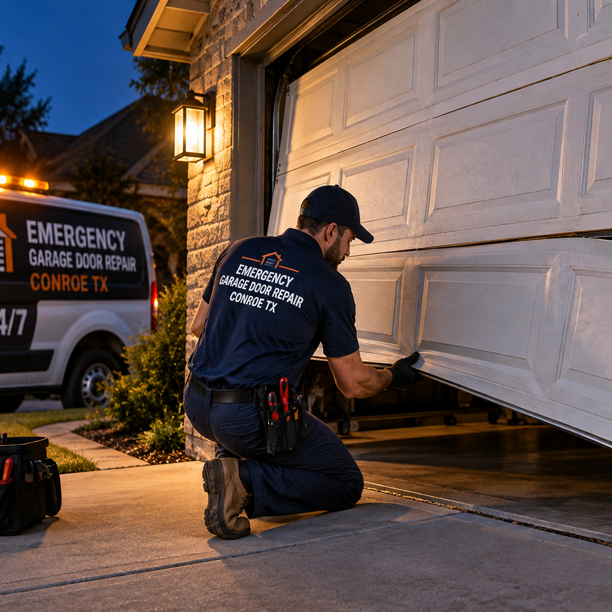 Garage door technician standing beside a modern residential garage door
