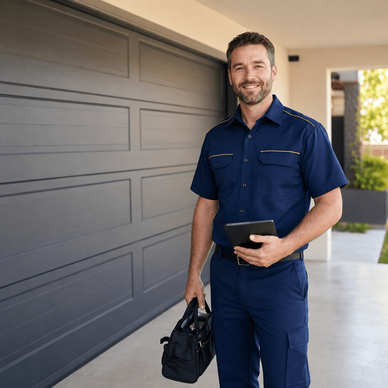 Garage door technician standing beside a modern residential garage door